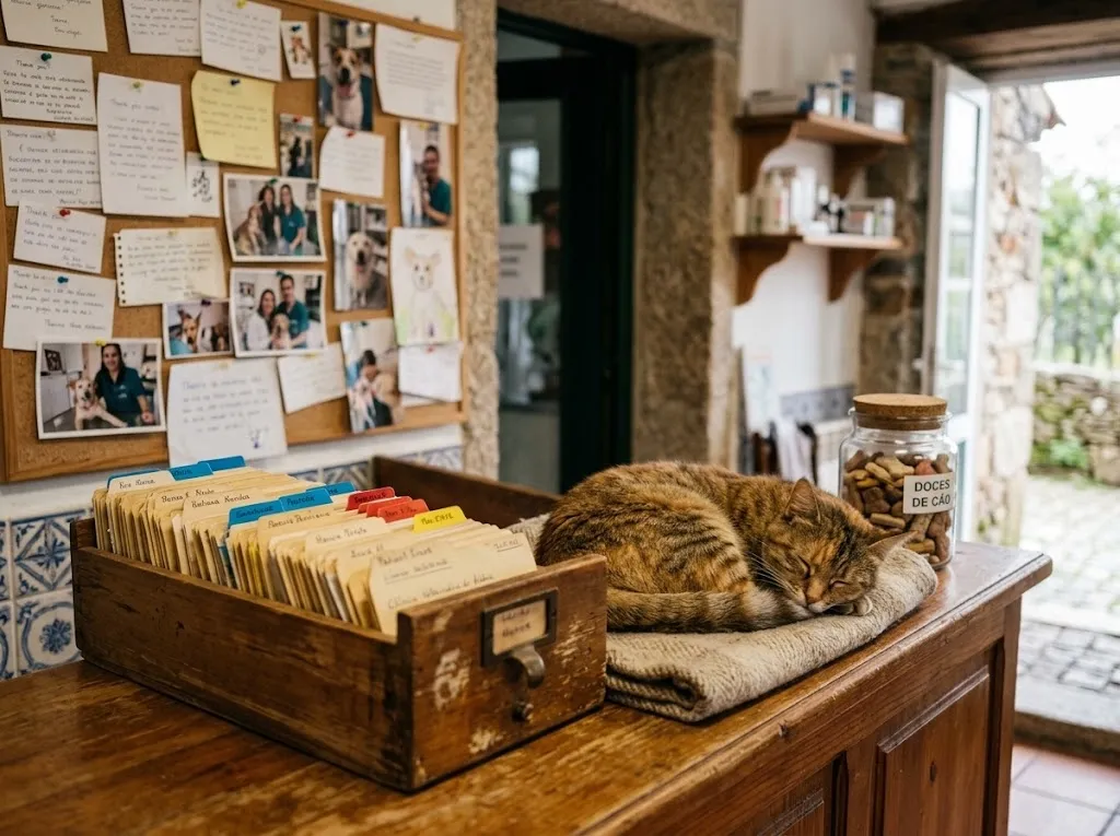 O balcão da receção com a gaveta de fichas e um gato a dormir