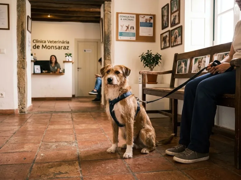 Um cão à espera, calmo, na receção