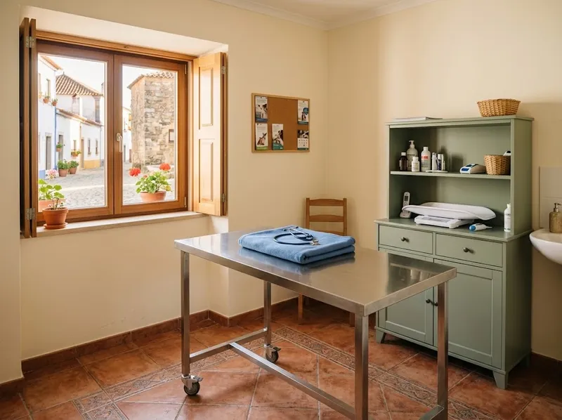 Uma sala de consulta limpa e luminosa