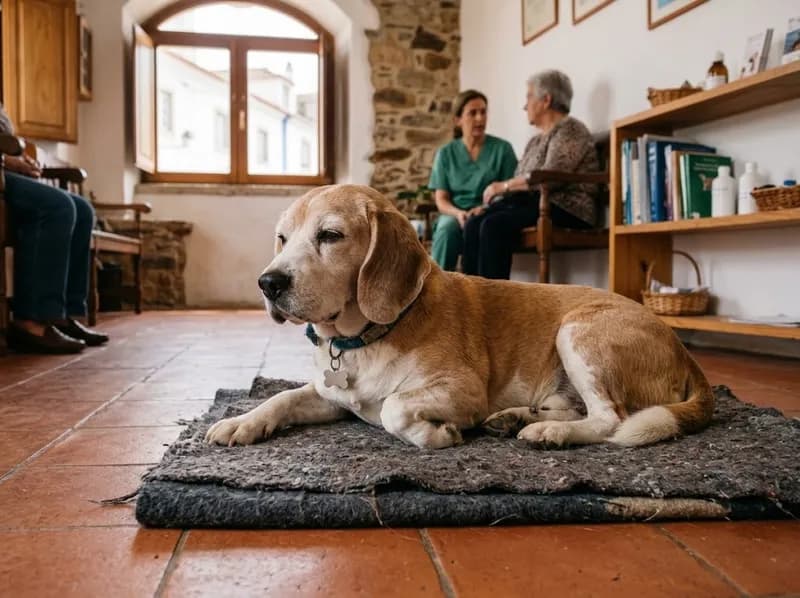 Um cão idoso deitado no tapete da clínica