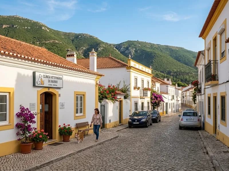 Uma rua da Quinta do Anjo com a serra da Arrábida ao fundo