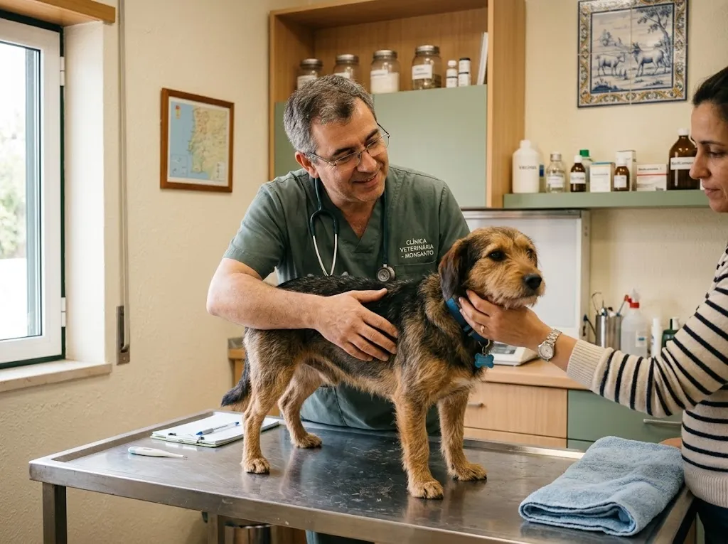 Um cão na mesa de consulta a ser observado com cuidado por um veterinário