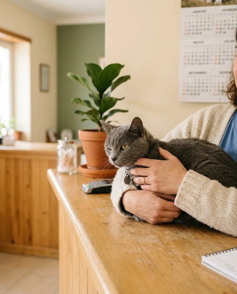 Um gato cinzento ao colo da dona na receção da clínica