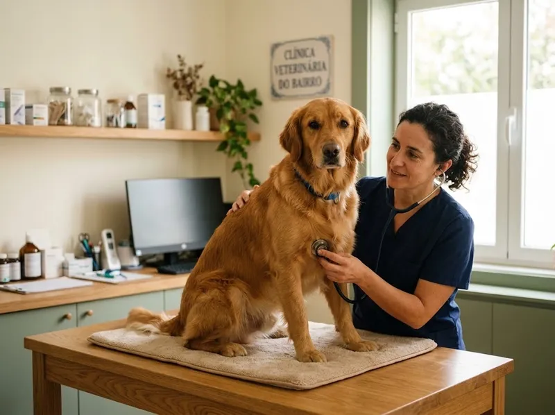 Um veterinário a auscultar um cão com o estetoscópio